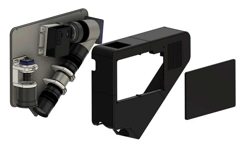 Wesentlicher Teil der Optikentwicklung, die CAD Konstruktion des Gesamtsystems für das Rapid Prototyping